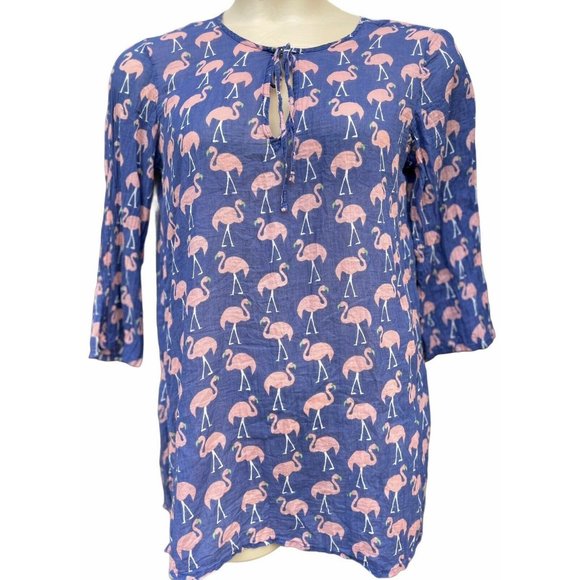 Rock Flower Paper Womens Tunic Pink Flamingos Blue - Picture 1 of 6